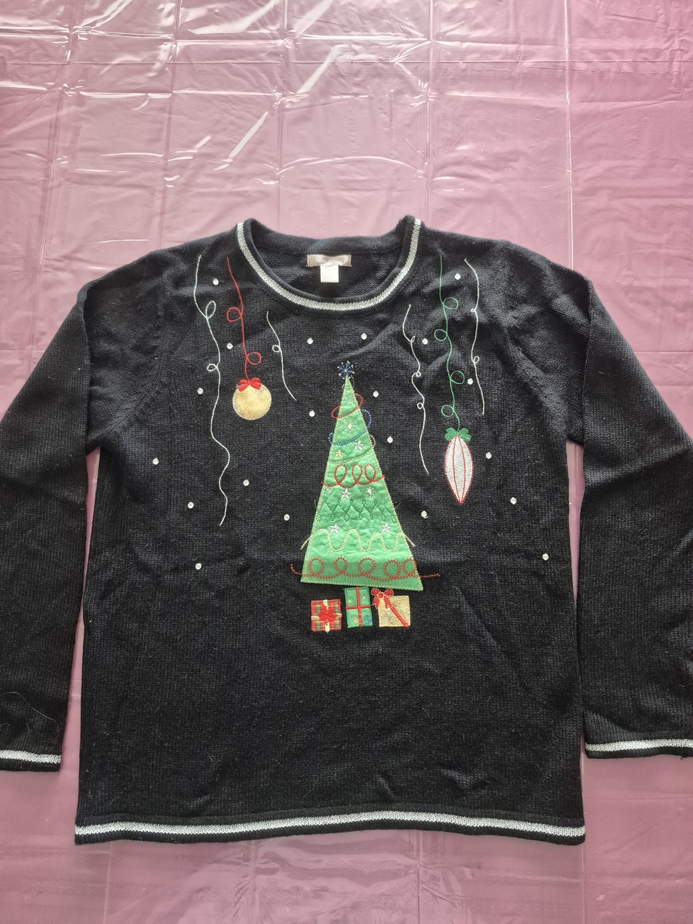 Vintage White Stag Black Christmas Tree Sweater with Green and Gold Accents M
